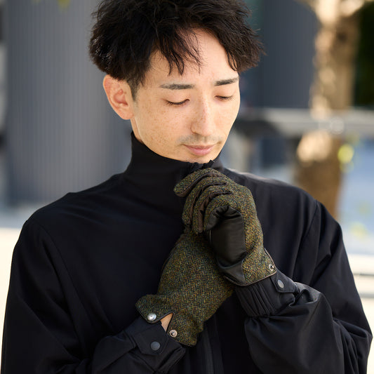 スマホ対応 レザーとツイード生地の「異素材コンビ手袋」|tet.